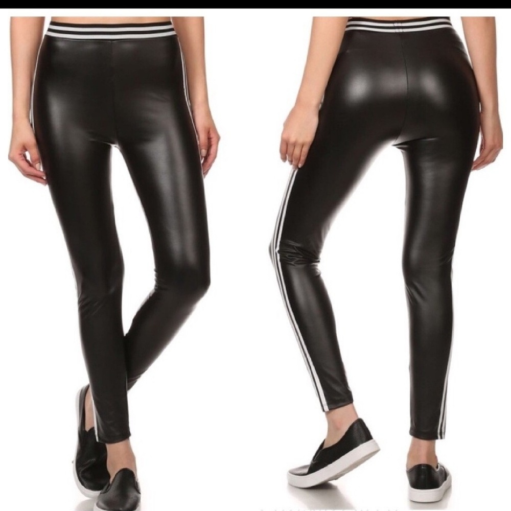 BLACK LEATHER TUXEDO LEGGINGS - Picture 2 of 2